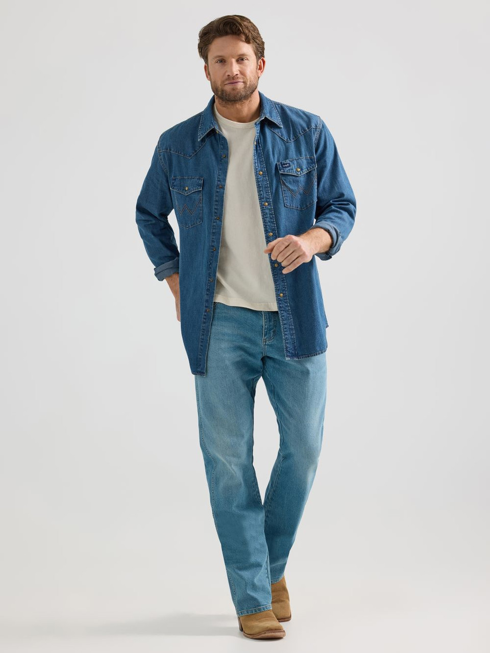 Wrangler Mid Wash Denim Snap - Mens Shirt - 112361701 - Picture 3 of 20