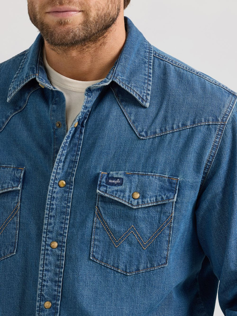 Wrangler Mid Wash Denim Snap - Mens Shirt - 112361701 - Picture 4 of 20