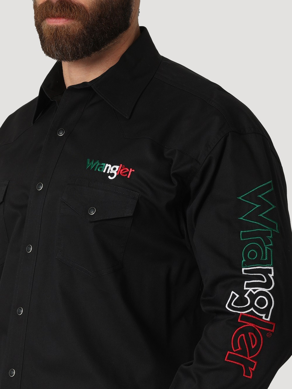 Wrangler Mexiko Flagge Logo schwarz Druckknopf - Herrenshirt - 112317124 - Bild 1 von 20