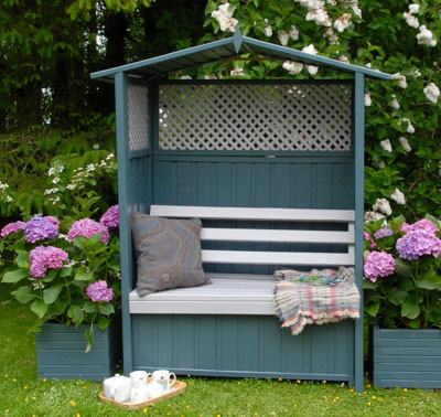 Arbour seat and planters painted in Royal Hadspen Blue and Winter Sky