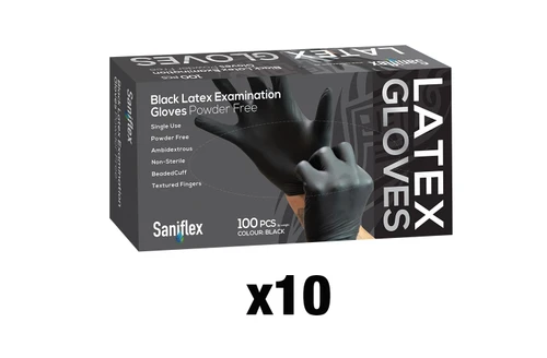 Saniflex Powder Free Black Latex Examination Gloves - X-Small 10 boxes