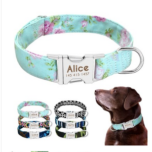 Color: Mint Green Floral, Size: M - Pet Dog Name Collar Custom Large Dog Collar Lettering Tag