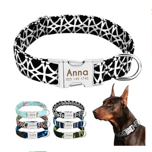 Color: AnnaBlack White Grid, Size: M - Pet Dog Name Collar Custom Large Dog Collar Lettering Tag