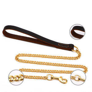 Color: Collar, Size: XXL - Stainless steel golden P chain p dog leash