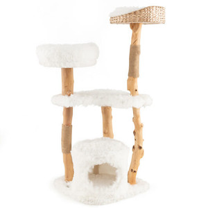 Solid Wood Cat Tower with Top Cattail Basket Cat Bed for Indoor Cats-White - Color: White