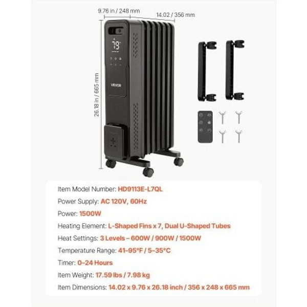 Electric Oil Filled Radiator, 1500W Radiant Space Heater with Dual U-shaped Heating Tubes, Over-Hea
