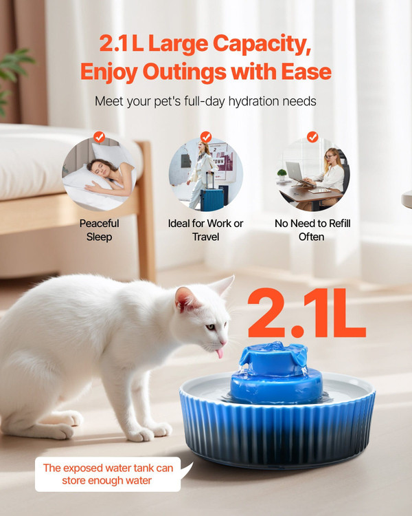 Ceramic Cat Water Fountain, 2.1L/71oz Cupcake Pet Fountain, Porcelain Cat Water Dispenser with Ultr