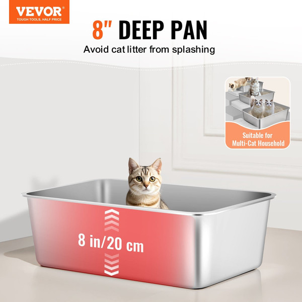 Cat Litter Box, 8 inches Deep, XL Extra Large Stainless Steel Cat Litter Box with Scoop, Wide Filte
