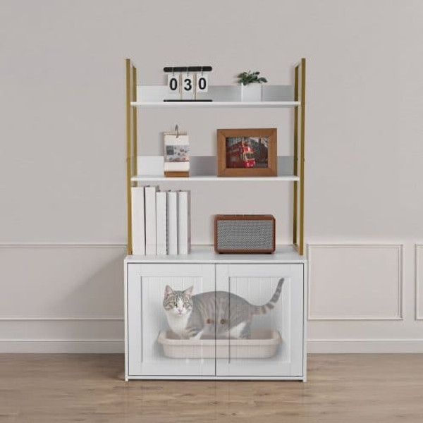Cat Litter Box Enclosure Furniture, 27.6 in Hidden Litter Box Cabinet with Metal Legs & 2-Tier Stor