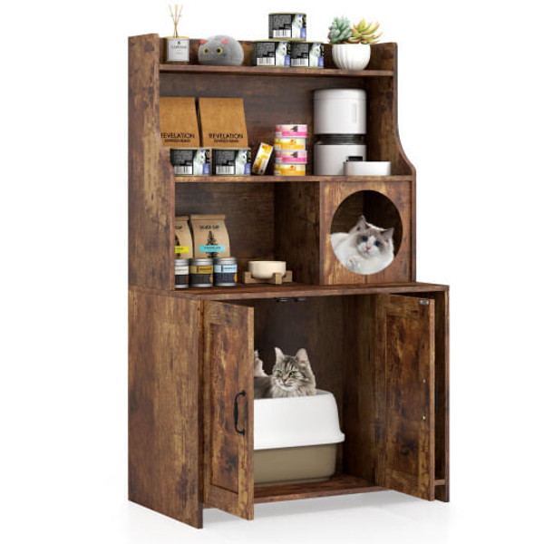 Modern Wooden Industrial Cat Litter Box Enclosure with Storage Shelves-Brown