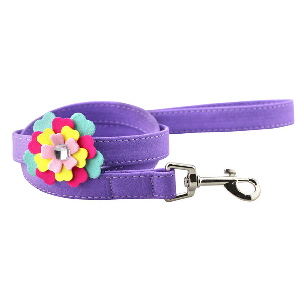 Color: Purple Leash, Size: 2x120cm - Velvet flower pet chest harness traction rope