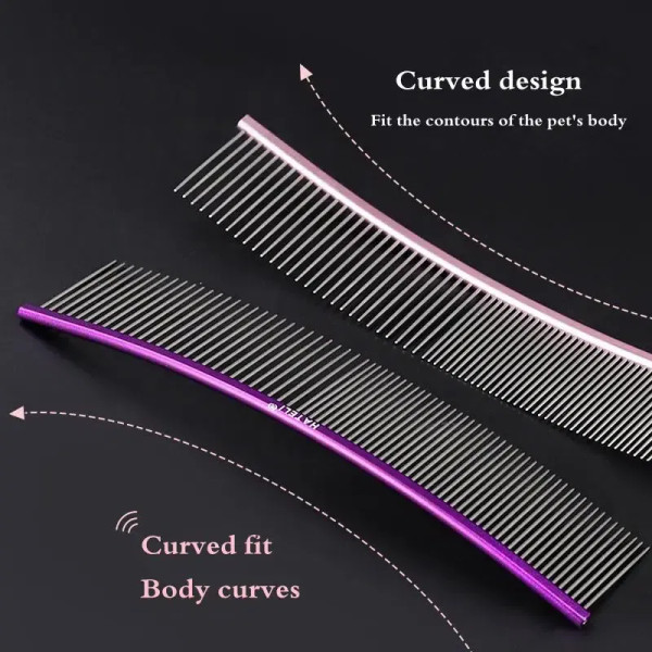 Color: PURPLE, Size: XS - Pet Curved Comb Stainless Steel Combs Professional Pet Grooming Comb Dens