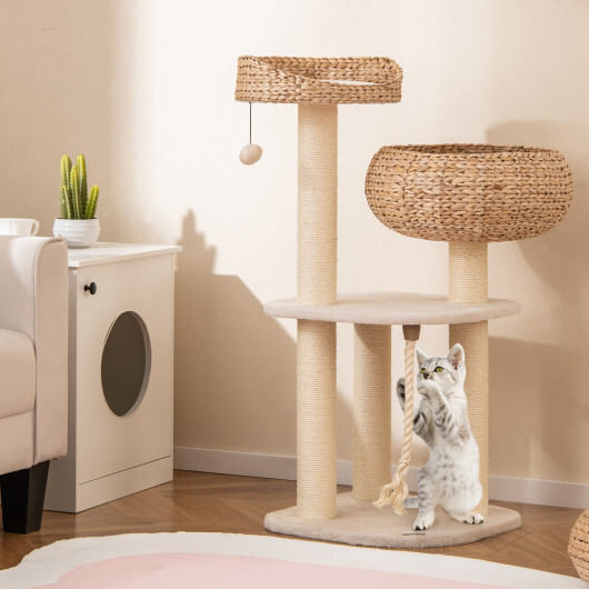 41 Inch Rattan Cat Tree with Napping Perch-White - Color: White