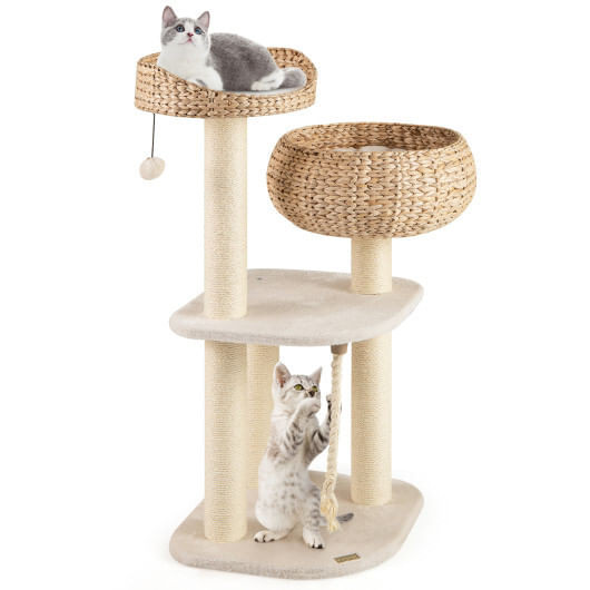 41 Inch Rattan Cat Tree with Napping Perch-White - Color: White