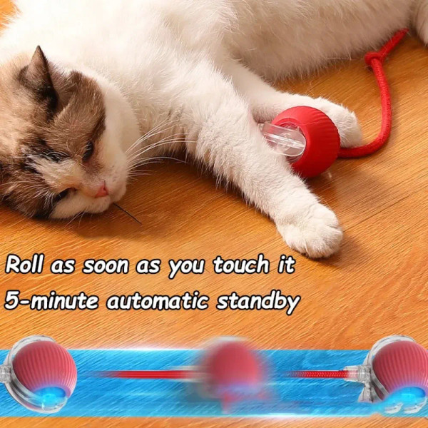 Color: RED COLOR - New Cat Interactive Ball Toy Automatic Rolling Ball Faux Tail Rechargeable Smart
