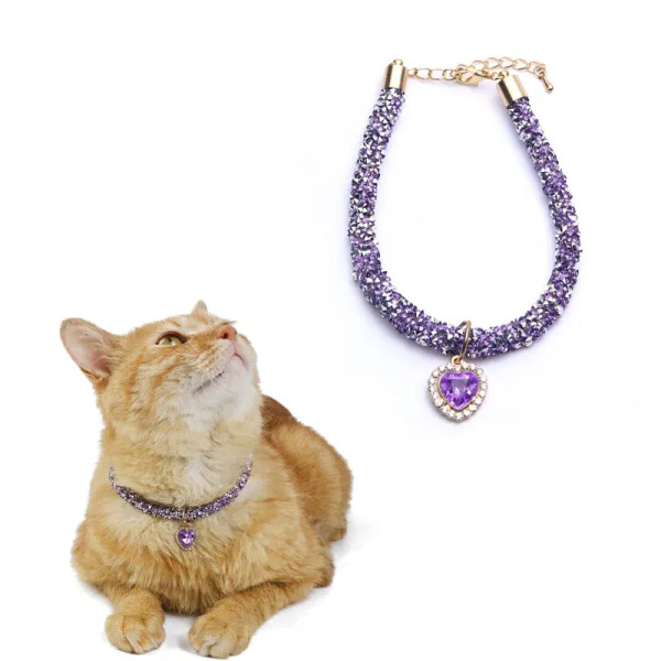 Color: MULTICOLOR, Size: S - Luxury Cat Collar with Heart Crystal Pendant Puppy Chihuahua Necklace 