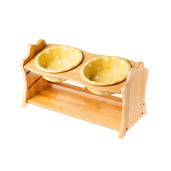 Color: Yellow Double - Ceramic Cat Bowl Solid Wood Dish Rack Cat Supplies