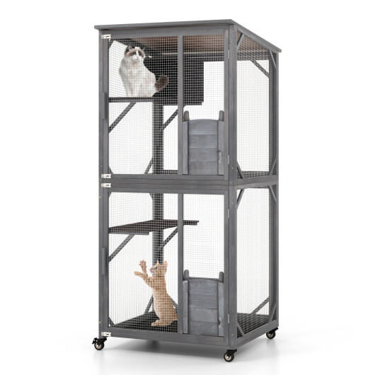 72 Inch TallWooden Cat House with Weatherproof Asphalt Roof-Gray