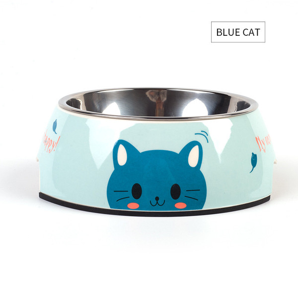 Color: Blue cat, Size: L - Food grade stainless steel pet dog bowl