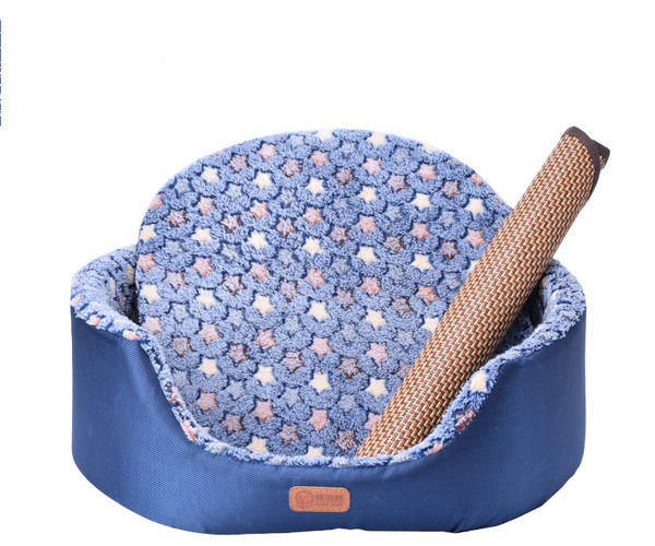 style: Navy blue and summer mat, Size: S - Four Seasons Universal Washable Teddy Kennel Small Dog A