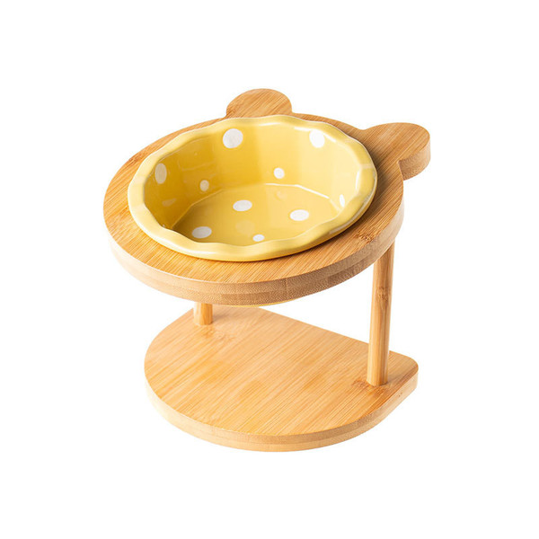 Color: 3 Single bowl yellow - Ceramic Cat Bowl Solid Wood Dish Rack Cat Supplies