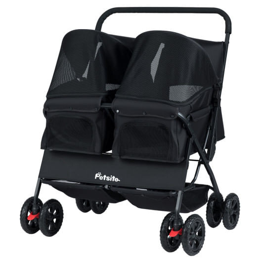 Foldable Double Pet Stroller with Adjustable Sunshade and Storage Basket-Black - Color: Black