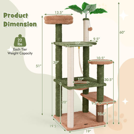 Multilevel Cat Tree with Scratching Posts and Rope Plush Perch Toy Bed-Green - Color: Green
