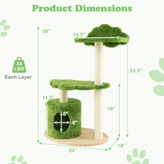 38 Inch Cute Cat Tree for Indoor Cats with Fully Wrapped Sisal Scratching Posts-Green - Color: Green