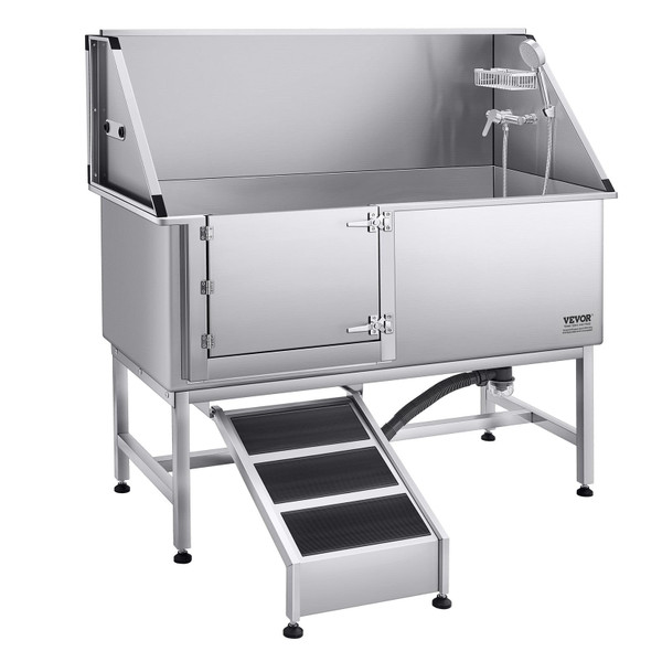 Stainless Steel Dog Washing Station, 62 inch Pet Grooming Tub w/ Ramp, PE Water Filter Board, Fauce