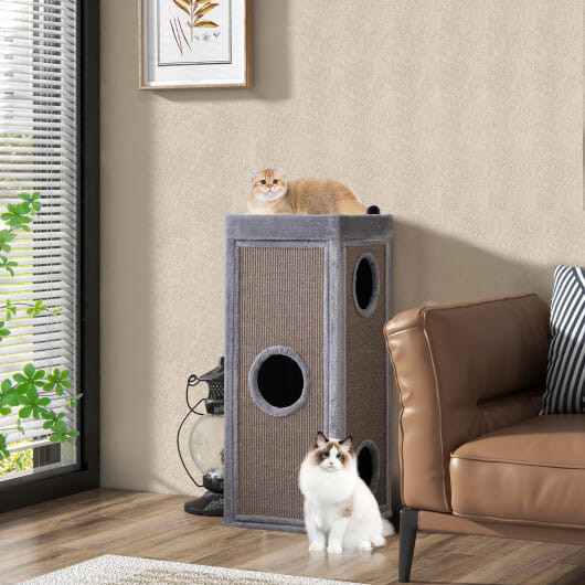 39 Inch Tall Cat Condo with Scratching Posts and 3 Hideaways and 4 Soft Plush Cushions-Gray - Color