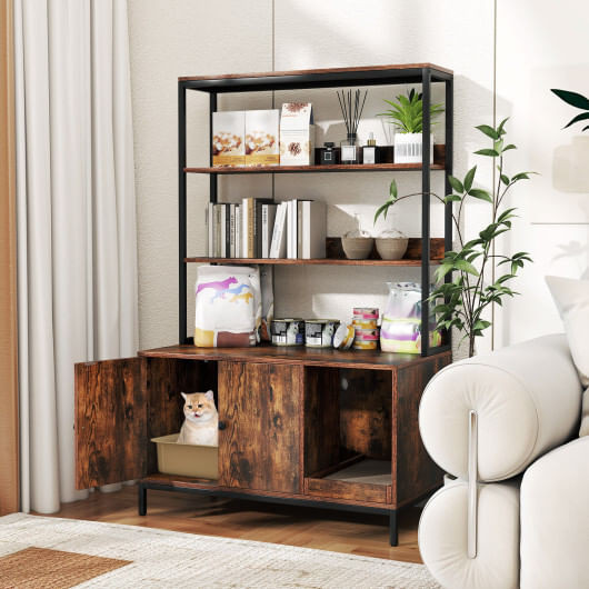 57 Inches Cat Litter Box Enclosure with Storage and Removable Scratcher-Coffee