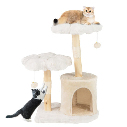 Cute Solid Wood Cat Tree Natural Branch Modern Flower Cat Tower with Sisal Scratching Posts-Beige -