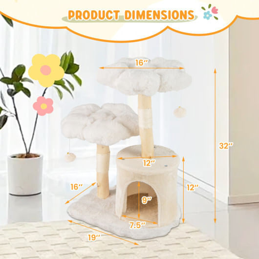 Cute Solid Wood Cat Tree Natural Branch Modern Flower Cat Tower with Sisal Scratching Posts-Beige -