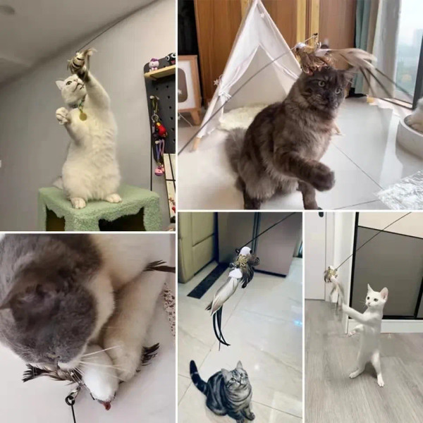 Color: Gold, Ships From: CHINA - Simulation Bird Interactive Funny Cat Stick Toy Furry Feather Bird