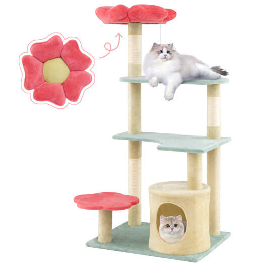 49 Inch Tall Multi-Level Aesthetic Floral Kitten Tower with Flower-Shaped Plush Padded Perch-Multic
