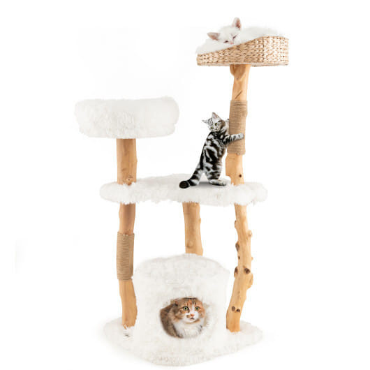 Solid Wood Cat Tower with Top Cattail Basket Cat Bed for Indoor Cats-White - Color: White