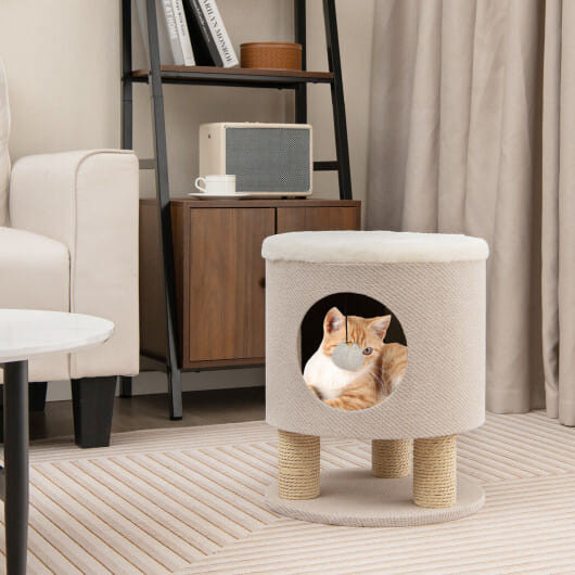 3-in-1 Cat Condo Stool Kitty Bed with Scratching Posts and Plush Ball Toy-Gray