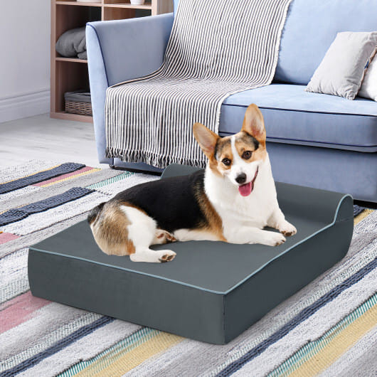 Orthopedic Dog Bed with Headrest and Removable Washable Cover-Grey - Color: Gray
