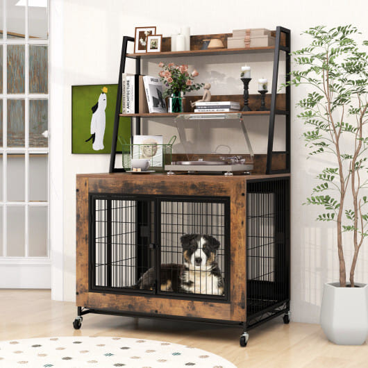 Industrial Dog Kennel Dog Crate Furniture with Storage Shelves-Rustic Brown - Color: Rustic Brown