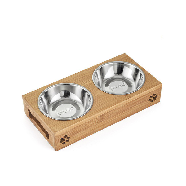 Color: Stainless steel, Size: Small - Double bowl stainless steel with bamboo frame for cat's table