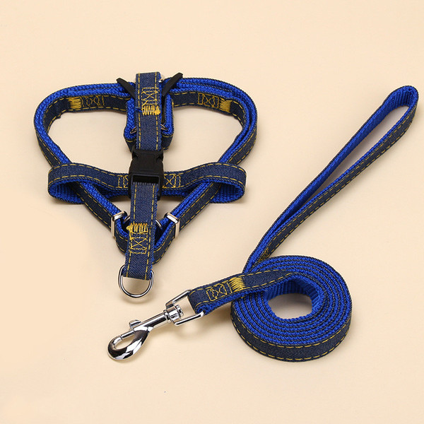 Color: Blue, Style: 2pcs-S, Size:  - Pet Cowboy Traction Collar Dog Chain Set