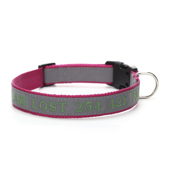 Color: Rose Red, Size: M - Personalized Phone Name Embroidered Reflective Dog Collar