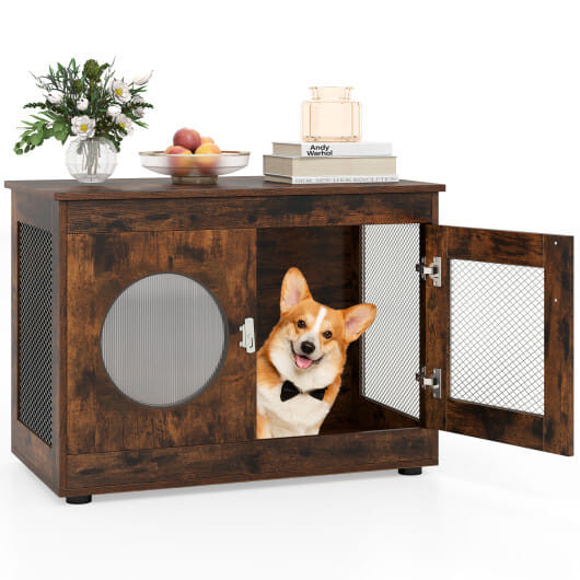 Furniture Style Dog Crate for Small and Medium Dogs with Translucent Window and Lockable Door-Rusti