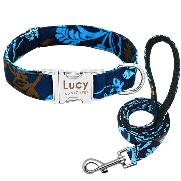 Color: Blue Set, Size: M - Pet Dog Name Collar Custom Large Dog Collar Lettering Tag