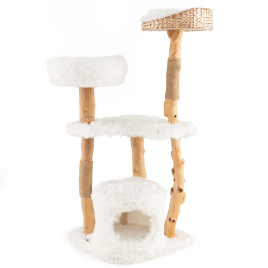 Solid Wood Cat Tower with Top Cattail Basket Cat Bed for Indoor Cats-White - Color: White