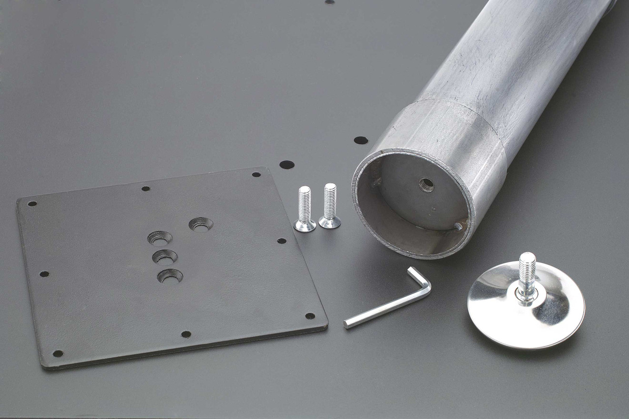 The components of the KATORB Bronze Industrial Table Legs include the column finished in Textured Prismatic Black Brass, an adjustable and recessed polyethylene foot, a 4mm mounting plate and the necessary hardware for easy assembly.