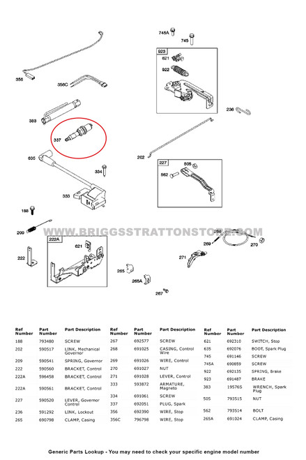 Parts Lookup 692051 Spark Plug Briggs and Stratton diagram