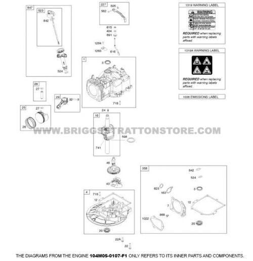 Parts lookup Briggs and Stratton 725EXi Engine 104M05-0107-F1 camshaft, crankshaft, cylinder, gasket set, piston, rings, connecting rod, sump, warning label diagram