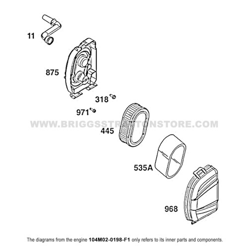 Parts lookup Briggs and Stratton 725EXi Engine 104M02-0198-F1 air cleaner group diagram