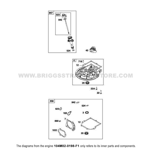 Parts lookup Briggs and Stratton 725EXi Engine 104M02-0198-F1 crankcase cover, sump, lubrication group diagram